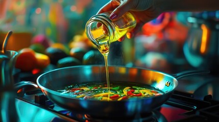 Poster - A hand gracefully pouring avocado oil into a stainless steel pan, with vibrant, colorful ingredients visible in the background, evoking a cooking scene.