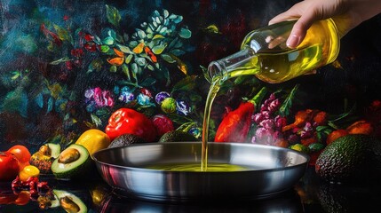 Poster - A hand gracefully pouring avocado oil into a stainless steel pan, with vibrant, colorful ingredients visible in the background, evoking a cooking scene.