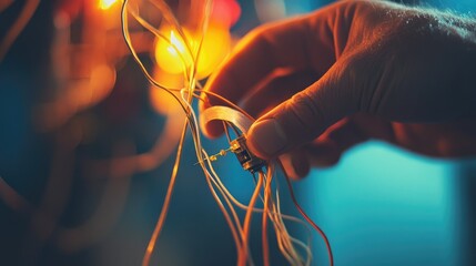Poster - A hand partially wrapping electrical tape around a frayed wire connection, illustrating an ongoing wire repair with attention to safety and precision.
