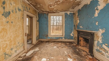 Aufkleber - A hauntingly dilapidated room with cracked walls and a faded appearance, creating a somber and neglected atmosphere.