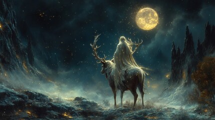 Fototapete - Under shimmering moonlight an elf in a dress of stars rides a majestic stag with large antlers surrounded by the richly detailed landscape of Rivendell showcasing magical shadows and lighting
