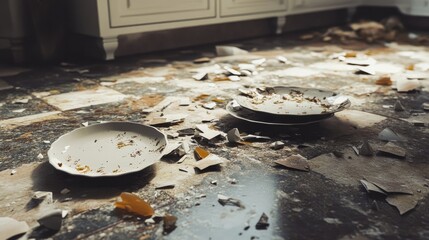 Wall Mural - A messy kitchen floor with a cracked ceramic plate and shards scattered about, capturing the feeling of disorder after an unfortunate break.