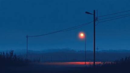 Poster - A minimalist LED street lamp silhouette against the deepening blue hues of the evening sky, creating a serene urban atmosphere.