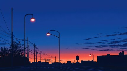 Poster - A minimalist LED street lamp silhouette against the deepening blue hues of the evening sky, creating a serene urban atmosphere.