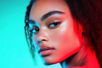 Wall Mural - Close-up of a young woman with curly hair, showcasing vibrant lighting and smooth skin tones. Colorful Glow, Dual-Tone Studio Lighting