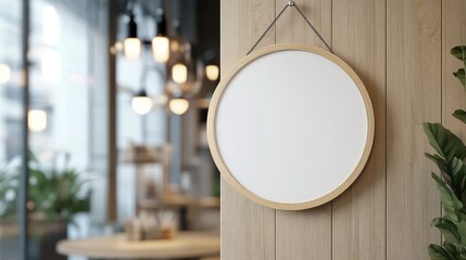 Poster - A minimalist round signboard mockup with a crisp white background, hanging gracefully from a wooden storefront, providing a modern business look.