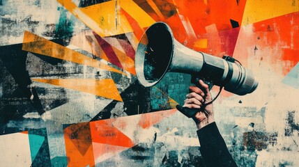 Poster - A modern art collage showcasing a hand holding megaphones, symbolizing the rapid spread of misinformation in an abstract digital world.