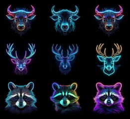 Poster - Neon-style animal heads; buffalo, deer, and raccoon variations in vibrant colors against a black background.  A grid showcases three of each animal type, each with unique color palettes.