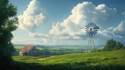 Poster - A modern wind turbine stands tall above a classic windmill, highlighting their size contrast in the middle of sprawling green fields.
