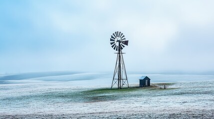 Poster - A modern wind turbine stands tall above a classic windmill, highlighting their size contrast in the middle of sprawling green fields.