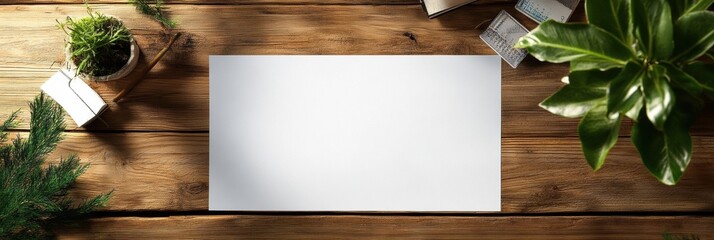 Poster - Creative workspace with blank paper and plants on a rustic wooden table. Generative AI