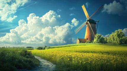 Poster - A modern wind turbine stands tall above a classic windmill, highlighting their size contrast in the middle of sprawling green fields.