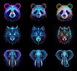 Aufkleber - Neon-colored animal heads, panda, wolf, and elephant, arranged in a grid.  Geometric, vibrant, digital art.