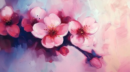 Wall Mural - A vibrant painting of cherry blossoms in soft pink hues, symbolizing renewal, beauty, and the arrival of spring.