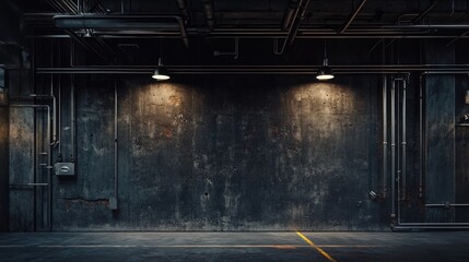 Poster - A moody industrial space with a dark concrete wall, featuring exposed pipes, giving a grunge-inspired and gritty background for creative use.