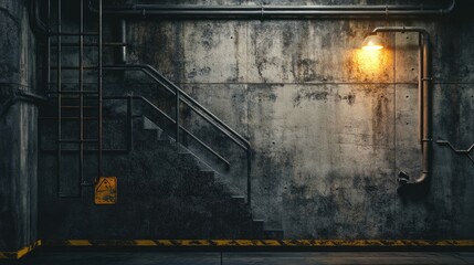 Poster - A moody industrial space with a dark concrete wall, featuring exposed pipes, giving a grunge-inspired and gritty background for creative use.