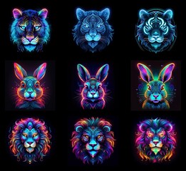 Aufkleber - Nine vibrant animal portraits: tigers, rabbits, and lions, rendered in glowing neon colors.  Each animal is depicted in three slightly different color variations.