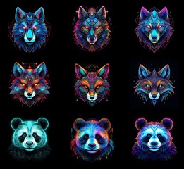 Aufkleber - Nine vibrant animal portraits: wolves, foxes, and pandas.  Geometric patterns and neon colors create a striking, modern aesthetic.