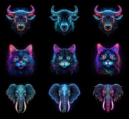 Poster - Nine vibrant animal portraits:  bulls and cats in neon hues, elephants with ornate details.  Dark background enhances the glowing effect.