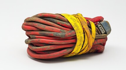 Poster - A neat bundle of electrical wires, securely insulated with red and yellow electrical tape, ready for installation or maintenance.