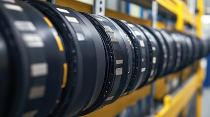 Poster - A neat row of wire bundles covered with black electrical tape, running parallel along a cable conduit, highlighting clean electrical work.