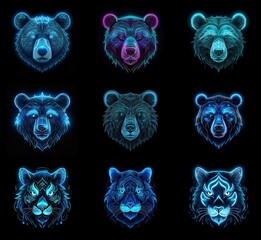 Poster - Nine vibrant bear and tiger heads, rendered in neon blue and purple hues against a black background.  Geometric lines create a glowing, almost ethereal effect.
