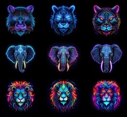Leinwandbilder - Nine vibrant animal portraits: tigers, elephants, and lions.  Neon lines create intricate, colorful designs against a black background.  Each animal is depicted in three color variations.