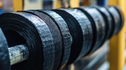 Poster - A neat row of wire bundles covered with black electrical tape, running parallel along a cable conduit, highlighting clean electrical work.