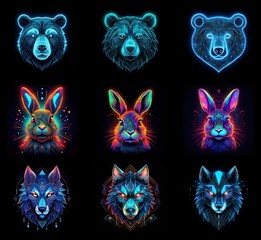 Aufkleber - Nine vibrant animal portraits.  Bears and rabbits in neon, geometric styles.  Wolves shown with glowing, polygonal features.  Dark background enhances luminescence.