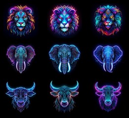 Aufkleber - Nine vibrant, neon animal portraits: lion, elephant, and bull.  Each creature is depicted in three variations of color and style, showcasing intricate details against a black background.
