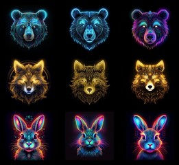 Poster - Nine vibrant animal portraits; bears and foxes in neon hues, rabbits in glowing colors.  Geometric lines create mystical, illuminated designs against a dark background.