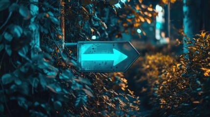 Poster - A one-way neon turquoise arrow peeking through the thick of overgrown vines, showcasing the mix of urban signs and nature's resilience