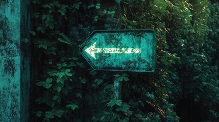 Poster - A one-way neon turquoise arrow peeking through the thick of overgrown vines, showcasing the mix of urban signs and nature's resilience