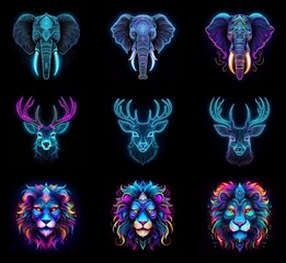 Poster - Nine vibrant animal portraits: elephants, deer, and lions.  Neon colors and intricate designs create a mystical, artistic feel.  Each animal head is uniquely adorned.