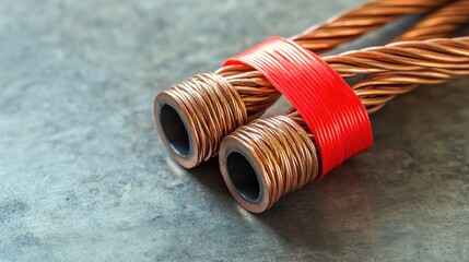 Poster - A pair of copper wires tightly twisted together, with red electrical tape insulating the connection, placed on a gray industrial surface.