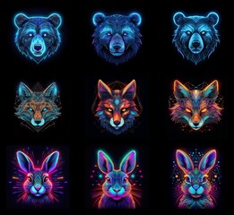 Poster - Nine vibrant, geometric animal portraits.  Bears and foxes in cool blues, rabbits in warm hues.  Neon glow effect, low-poly style.