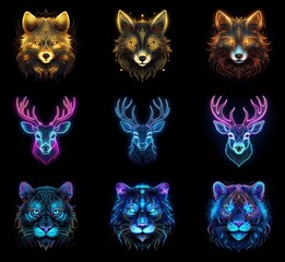 Poster - Nine vibrant animal portraits: fox, deer, and tiger heads, rendered in glowing neon styles with intricate details. Each head displays variations in color and pattern.