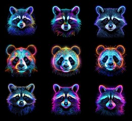 Poster - Nine vibrant, neon portraits of raccoons and pandas.  A striking collection showcasing colorful, glowing animal heads against a black background.  The artwork displays a unique, artistic style.