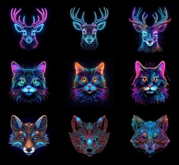 Aufkleber - Nine vibrant animal portraits: deer and cats with glowing neon antlers and fur, presented in a grid.  Stylized low-poly art with color variations.