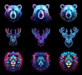 Aufkleber - Nine vibrant animal portraits: bears and deer with glowing antlers, and majestic lions.  Neon colors and intricate details create a mystical, otherworldly aesthetic.