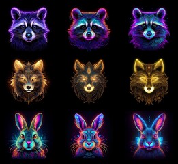 Poster - Nine vibrant animal portraits: raccoons, foxes, and rabbits, rendered in neon-like hues against a black background.  Each animal has subtle variations in color and style.