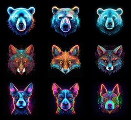 Aufkleber - Nine vibrant animal portraits.  Bears and foxes in neon, geometric styles, alongside three colorful dog heads.  Dark background enhances the glowing effect.