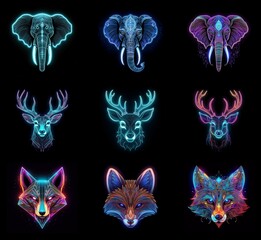 Aufkleber - Nine vibrant neon animal head illustrations.  Elephants, deer, and foxes depicted in various colorful glowing styles against a black background.  Geometric details are incorporated into the designs.