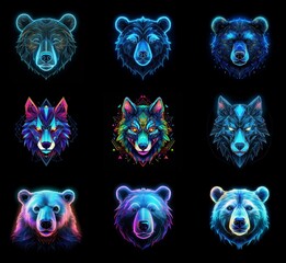 Aufkleber - Nine vibrant animal portraits: three bears and three wolves in geometric, neon styles.  A captivating collection of low-poly wildlife art against a black background.