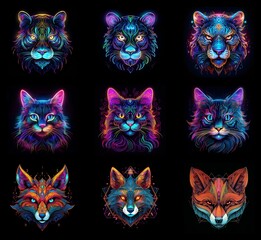 Aufkleber - Nine vibrant, stylized heads of felines and canines.  Intricate designs in neon colors glow against a black background.  Each portrait shows unique patterns and geometric details.