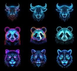 Aufkleber - Nine vibrant animal portraits: bulls and pandas with neon outlines, tigers with a mystical glow.  Digital art, showcasing intricate details and bold colors against a black background.