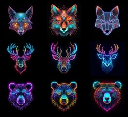 Aufkleber - A vibrant collection of geometric animal portraits.  Neon colors illuminate fox, deer, and bear heads, creating a captivating, low-poly effect.