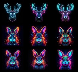 Aufkleber - Neon-colored deer and rabbit heads, rendered in vibrant, glowing lines against a dark background.  A collection of digital art showcasing variations in color and style.