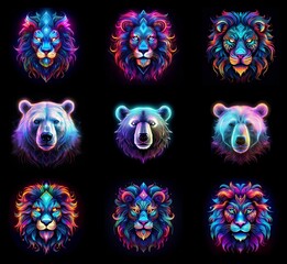 Aufkleber - Nine vibrant animal portraits: three majestic lions and three powerful bears, each rendered in a unique, neon color palette.  Intricate details adorn each creature's mane and fur.