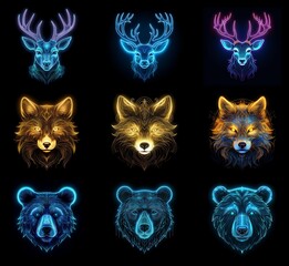 Aufkleber - Nine glowing animal heads; deer, fox, and bear, in vibrant neon colors against a black background.  A digital art collection showcasing wildlife.